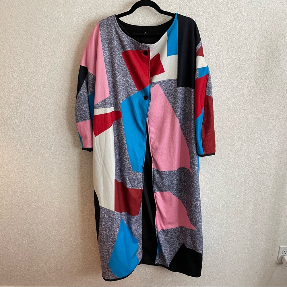 Multicolor Printed Geometric Funky Felt Coat Maxi Jacket Size M